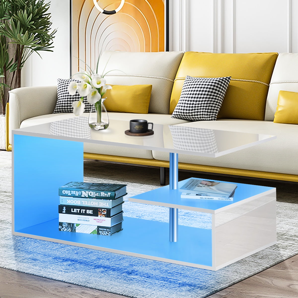 Modern RGB LED Light Coffee Tea Table High Gloss Living Room Furniture Extending 