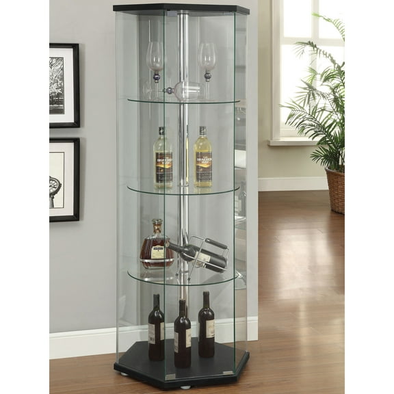 Living Room Cabinets Tenley Black and Chrome Glass 4-shelf Curio Cabinet,Primary Living Space Cabinets