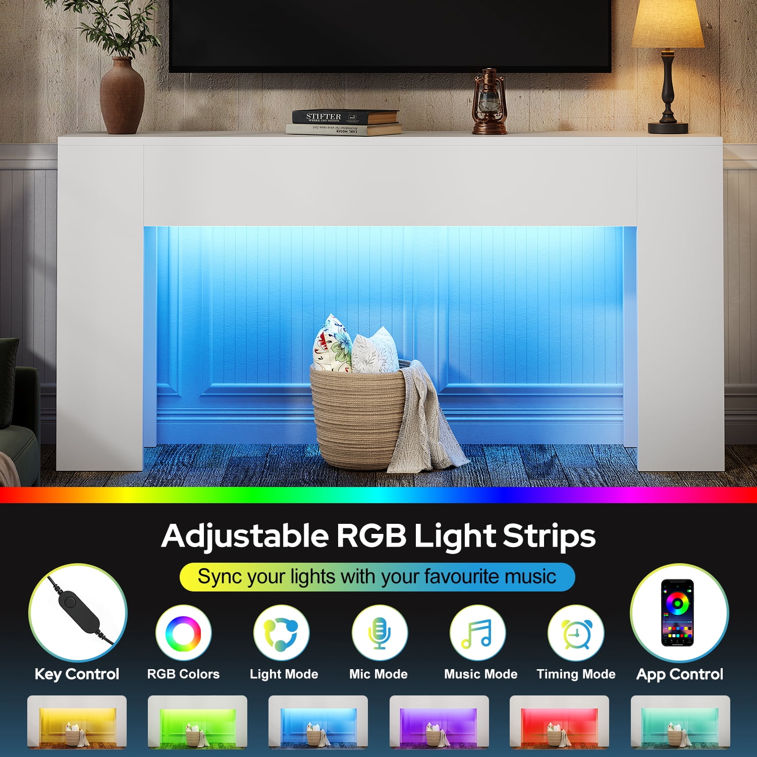 63-Inch Long Console Table with RGB LED Lights, Extra Wide and Thick Sofa Table Behind Couch, Farmhouse Entryway Table for Entrance, Hallway, Living Room, White