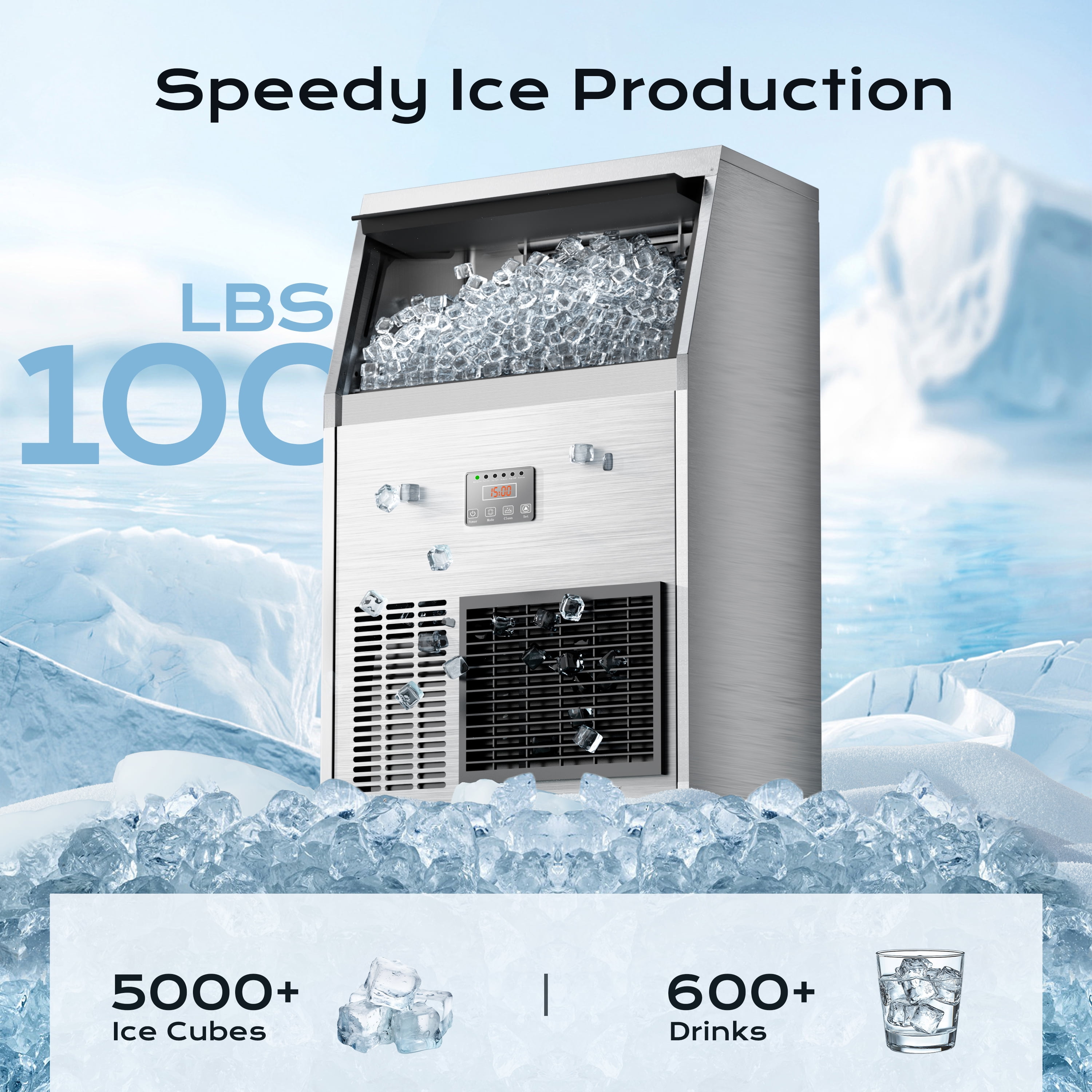 Coolake 100lbs/24H Commercial Under Counter Ice Maker with 33lbs Storage, Air Cooled Ice Machine, 115v