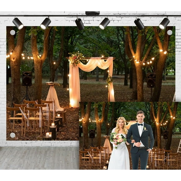 7x5ft Bohemian Forest Wedding Photoshoot Backdrop,Wooden Arches Light-colored Veils Candles,Outdoor Theme Birthday Party Background Decorations Photo Studio Props