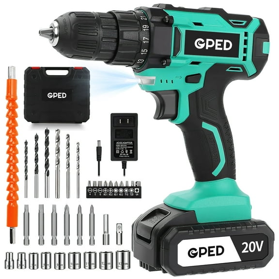 GPED Cordless Power Drill Set, Power Drill Driver Kit with 1 Lithium-Ion & Charger, 3/8"Keyless Chuck, 25 1 Position Electric Drill, 2-Speed Transmission, Built-In Led And 34pcs Driver Bits, Green