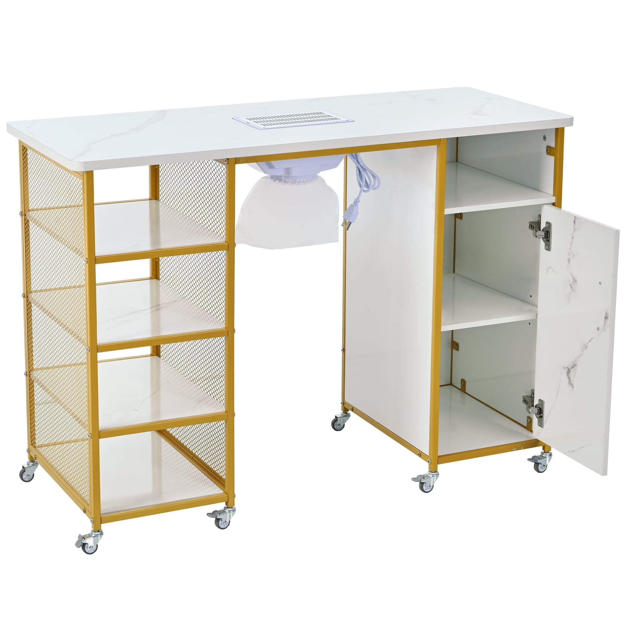 EUROCO 43.3" Manicure Table Nail Desk for Nail Tech,Nail Table Beauty Salon Station with Electric Downdraft Vent,Wrist Cushion, Lockable Wheels and Storage,White