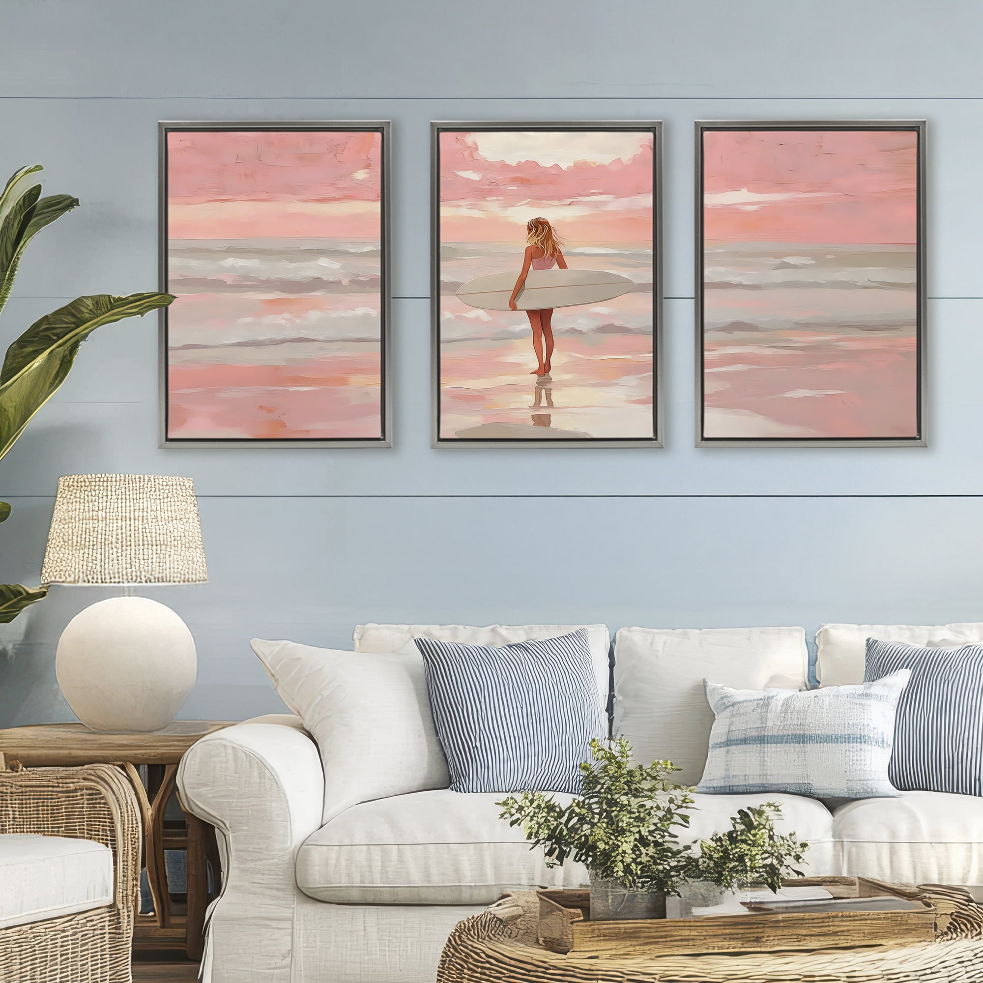 Stupell Industries Pink Sky Surfer Sunrise 3 Piece Gray Framed Floater Canvas Set, design by LSR Design Studio