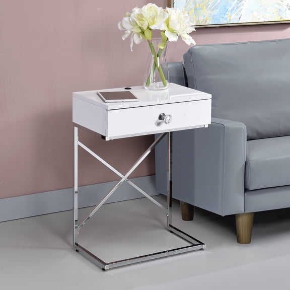 Milan 1-Drawer Wood End Table with USB Port, Glossy White
