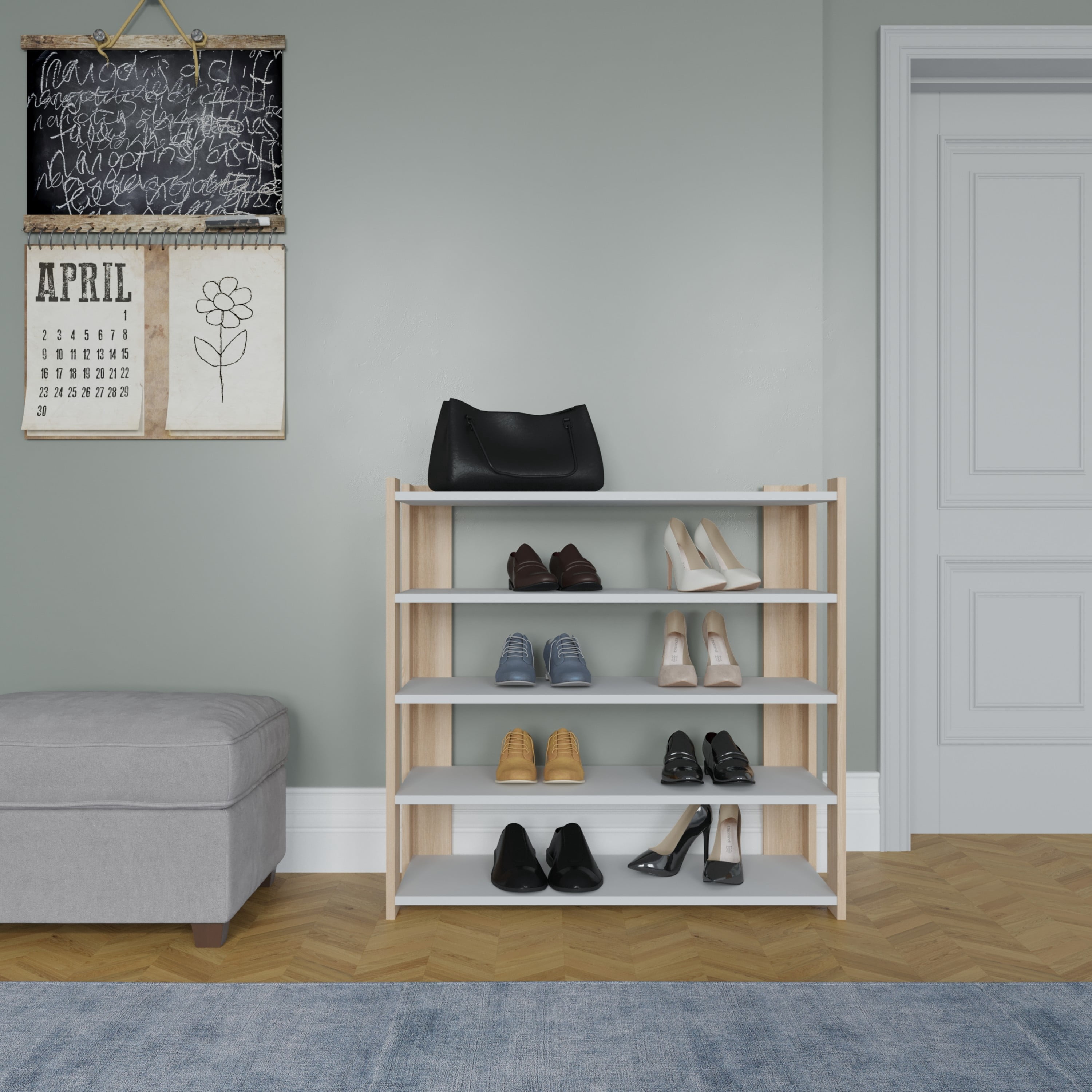 Ada Home Decor Furniture 4 Tier 16 Pair Oak White Gordon Modern Shoe Rack