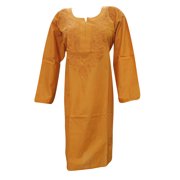 Mogul Indian Cotton Floral Embroidered Long Tunic 3/4 Sleeves Ethnic Wear Summer Comfy Dress for Woman XXXL