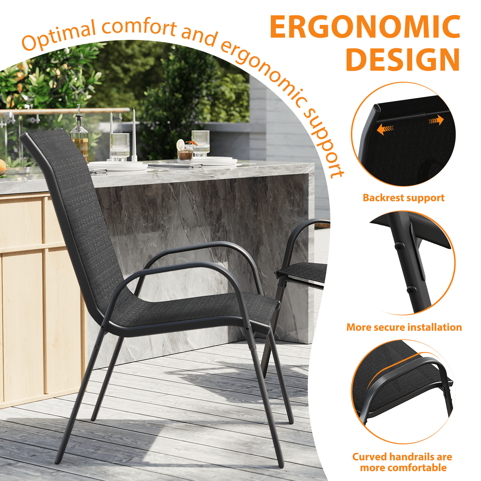ELPOSUN Patio Chairs Set of 2, Outdoor Stackable Dining Chairs for All Weather, Breathable Garden Outdoor Furniture for Backyard Deck, Black