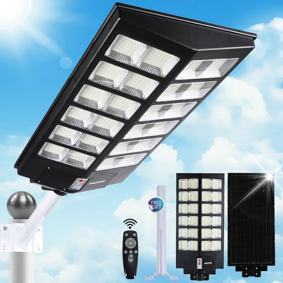 MUCH Outdoor Solar Light 10000W LED Motion Sensor Radar Sensing Wall Street Lamp with Remote Control 9000K Commercial Dusk to Dawn Area Road Parking Lot Street Light IP67 Waterproof