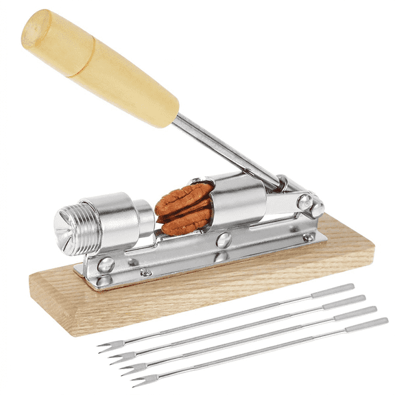 Heavy Duty Pecan Nut Cracker Tool with Wood Base, Adjustable Walnut Cracker for Weak Hands, 4 Picks