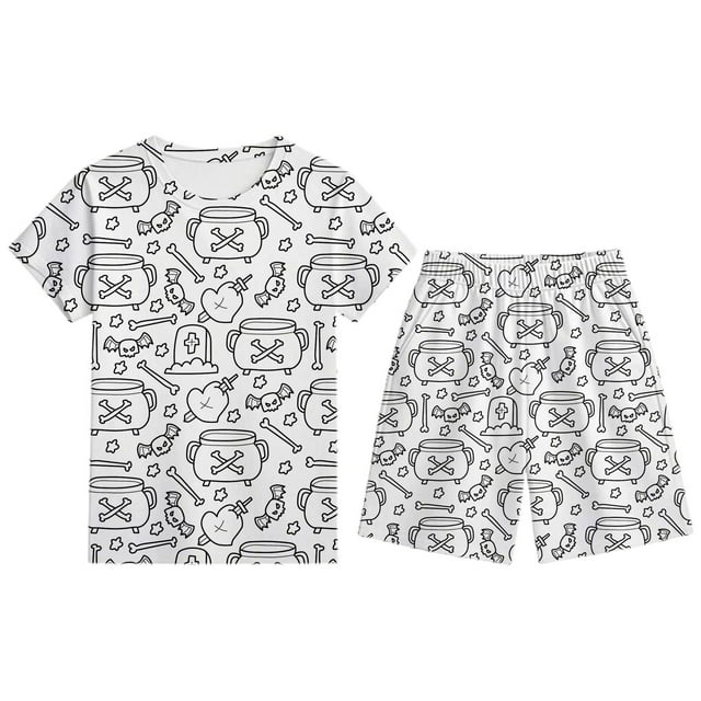 TIWEKE Tenues & Ensembles pour Garçons Ensemble de Pyjama Confortable d'Halloween Manches Courtes Col Rond Shorts Vêtements de Nuit Imprimé DIY Décontracté pour Enfants, Taille 11-12 Ans