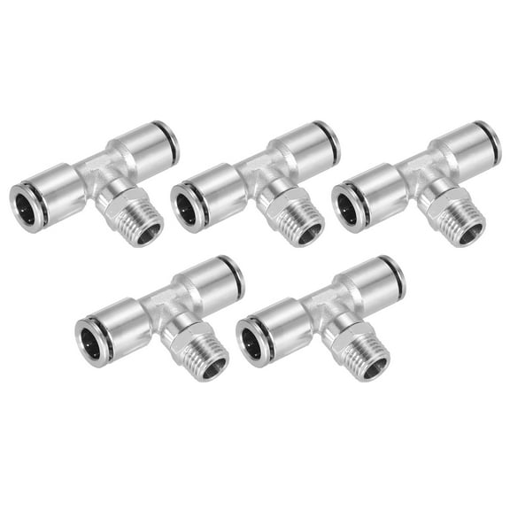 Uxcell 3/8" OD x 1/4" NPT Thread Male Tee Push To Connect Tube Fittings Nickle-Plated, Silver 5Pcs