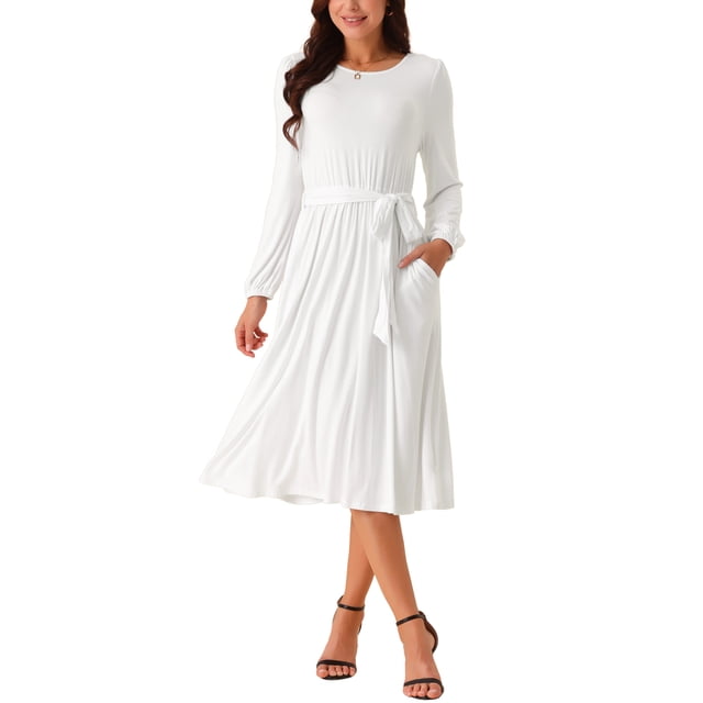 Vestido midi casual de manga larga con cuello redondo y cintura atada para mujer INSPIRE CHIC con bolsillos M blanco
