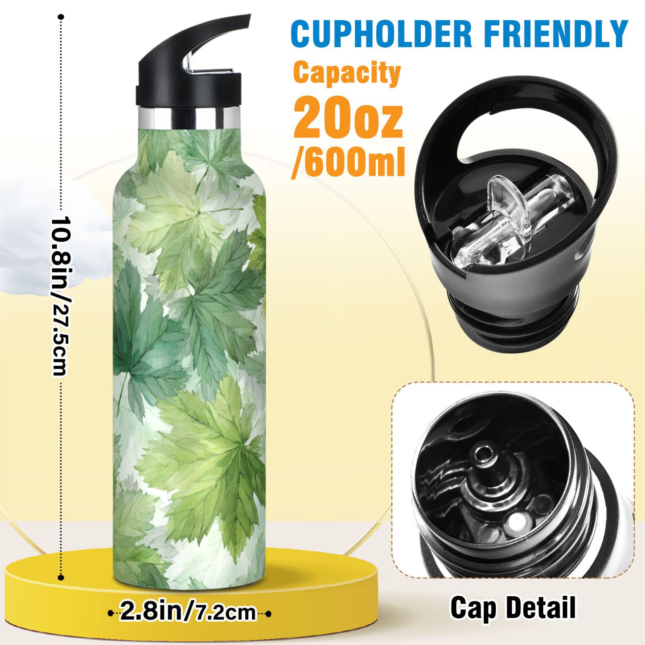 600ML Stainless Steel Insulated Cup Sports Water Bottle Portable Thermos Cup Water Glasses Insulated Tumblers Convenient and Durable Green Maple Leaves