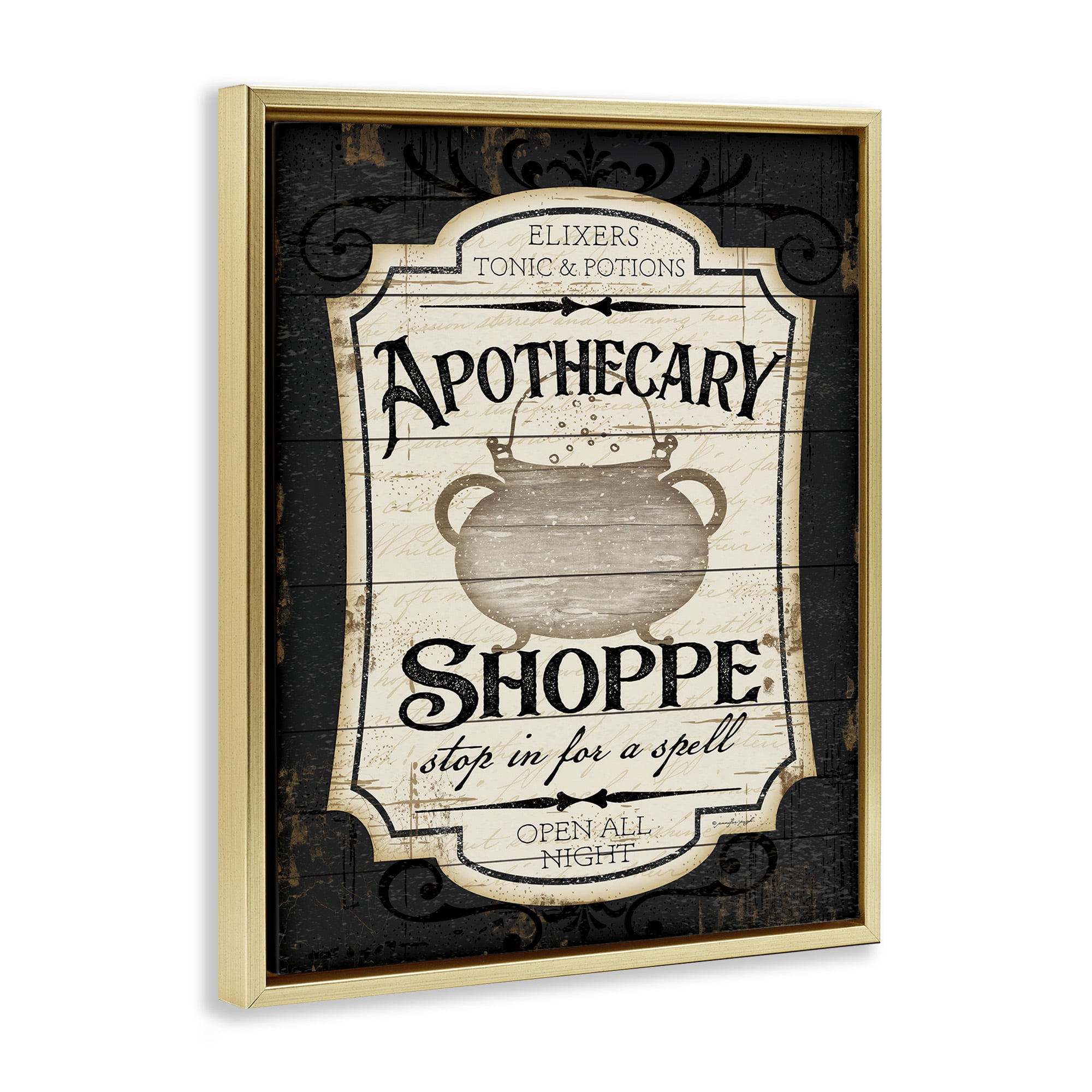 Stupell Industries Apothecary Shoppe Spooky Sign Holiday Painting Gold Floater Framed Canvas Art Print Wall Art, 17 x 21
