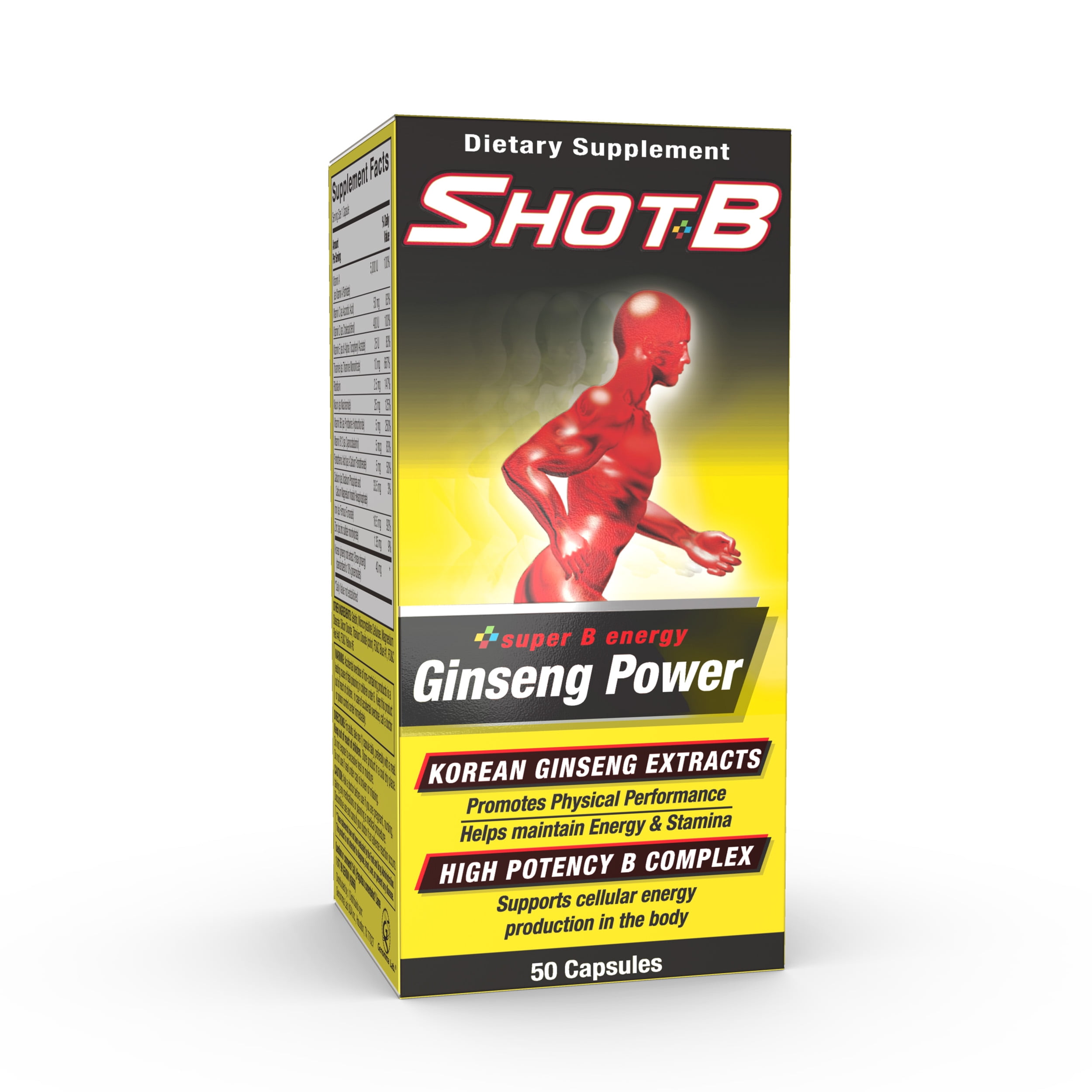 Shot B Multivitamin Supplement with Ginseng Power, High Potency B Complex- Capsules, 50 Count