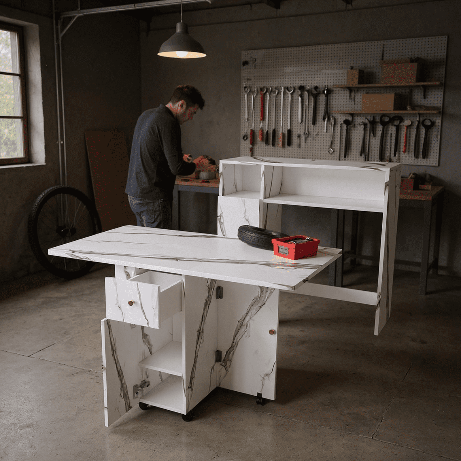 Homy Casa Multi-Purpose Breakroom Table with Storage, Folding Space-Saving Office Lunch Coffee Table
