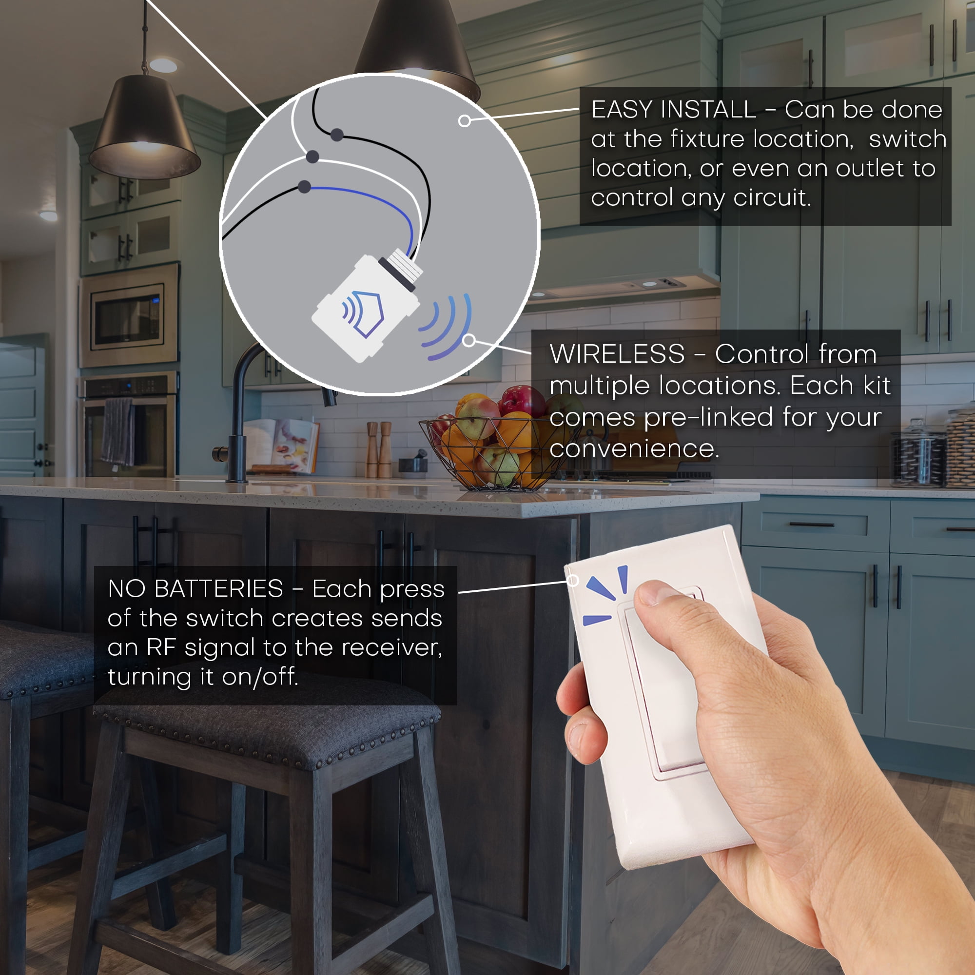 RunLessWire Single Pole On/Off Wireless Battery-Free Remote Light Switch Kit 150ft Range – White