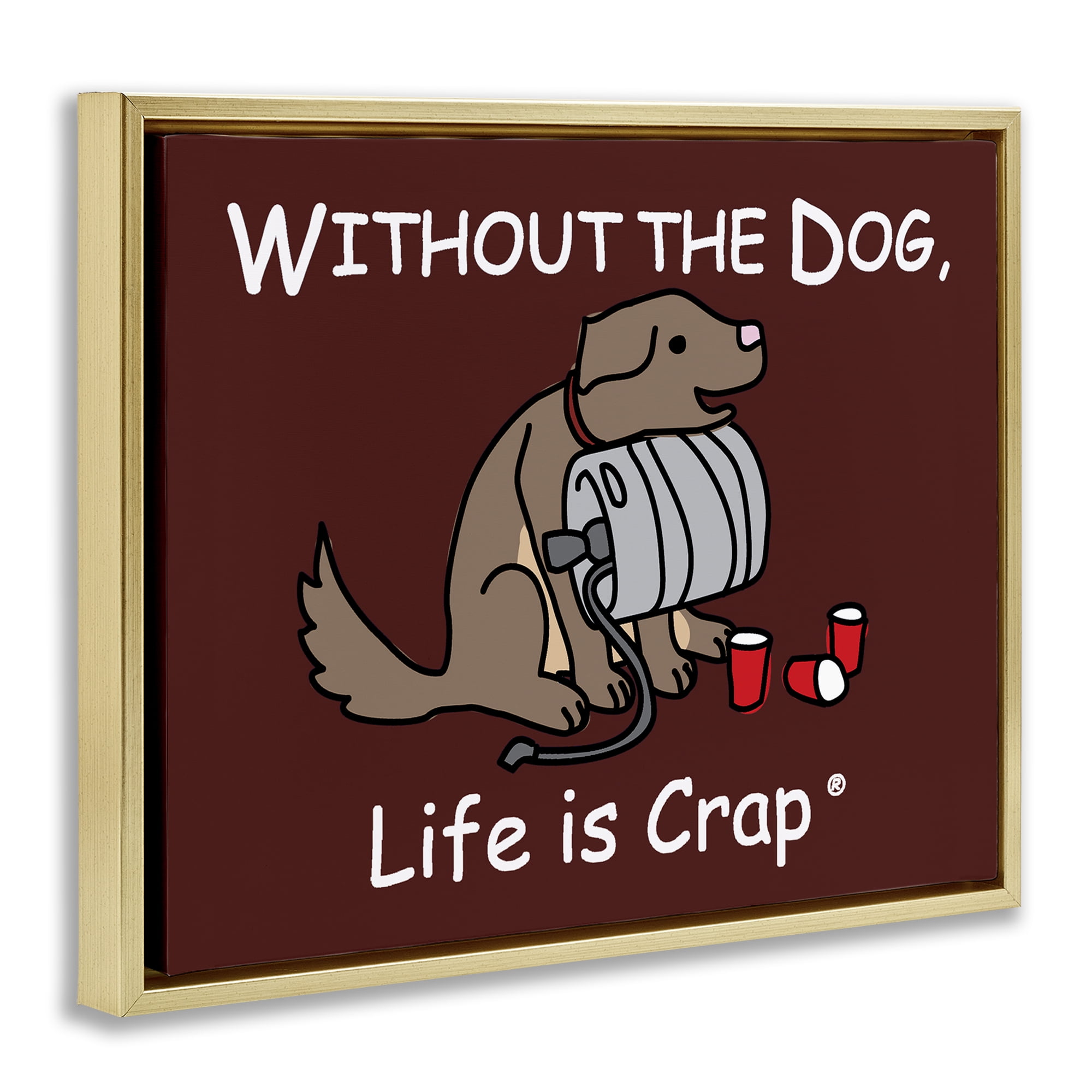 Stupell Industries Funny Dog & Keg Novelty & Humor Painting Gold Floater Framed Canvas Art Print Wall Art, 21 x 17