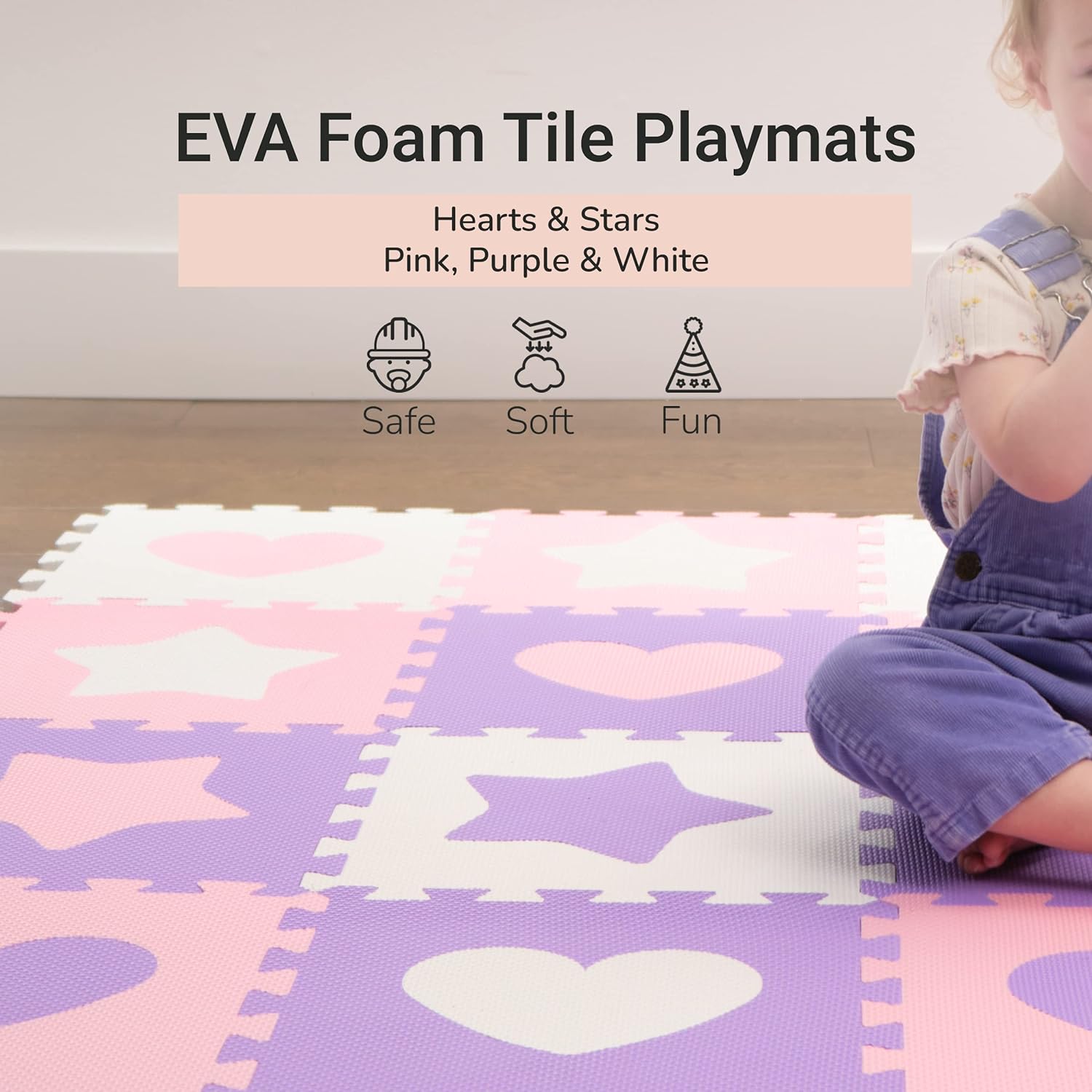 Tadpoles Hearts and Stars Foam Playmats for Baby and Kids, 16 Interlocking Play Mat, Waterproof, Durable, Long-lasting | Total Floor Coverage 50” x 50” | Pink, Purple - image 2 of 6