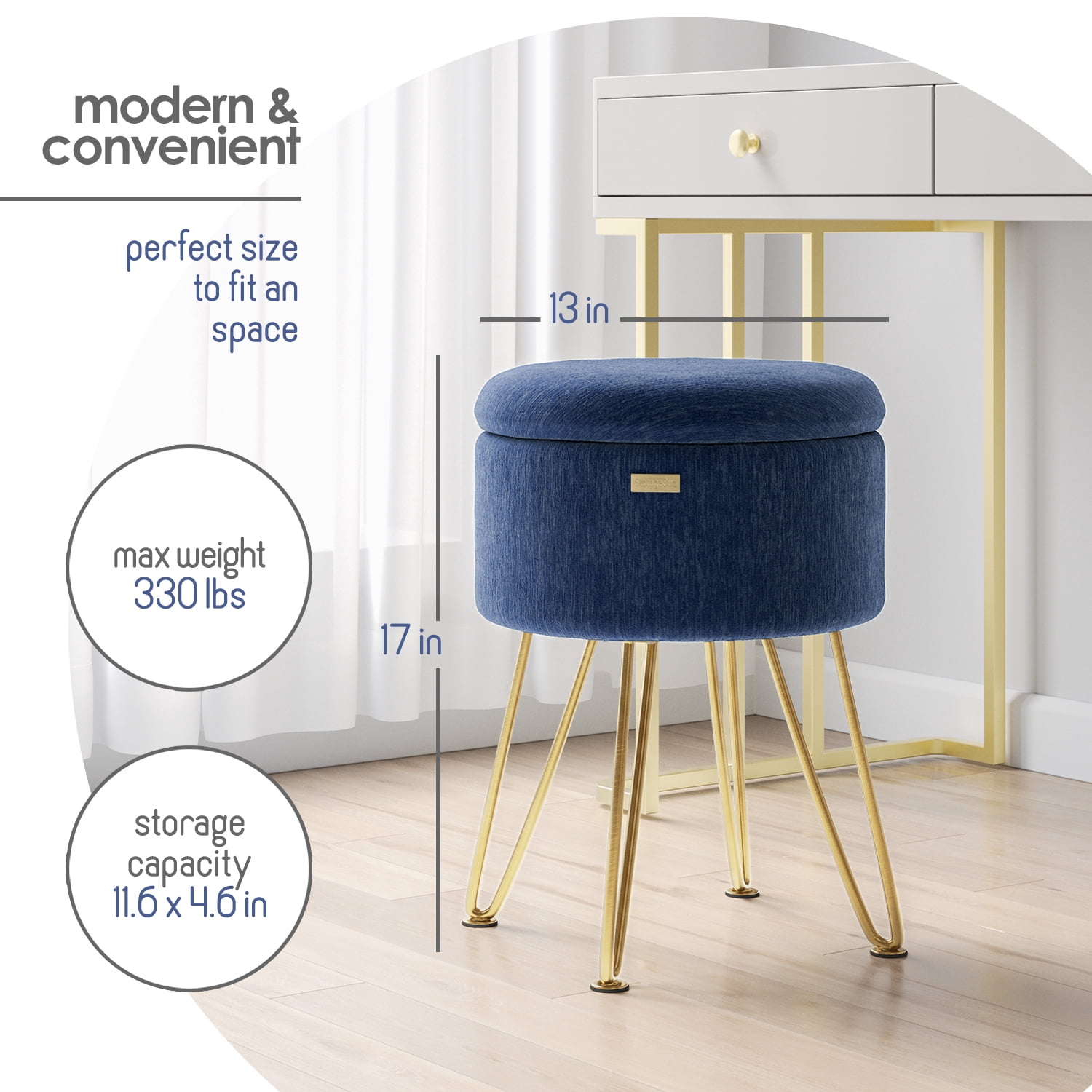 Hearth & Harbor Round Ottoman with Storage, Luxurious Foot Stool and Chic Vanity Stool with Storage, Elegant Textured Velvet Blue