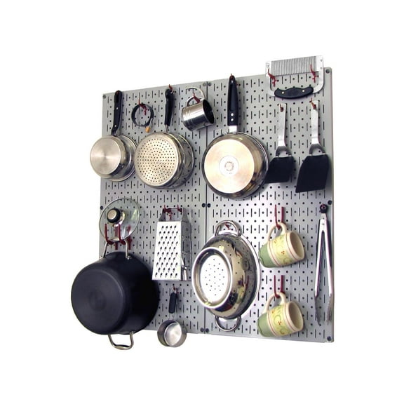 Wall Control Kitchen Pegboard Organizer Pots and Pans Pegboard Pack Storage and Organization Kit with Gray Pegboard and Red Accessories