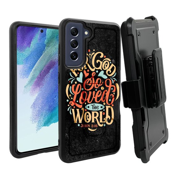 ANJ  Rugged Dual Layer Shockproof Holster Case w/Card Slot   Tempered Glass Cover for Samsung Galaxy S21 FE 5G - John 3:16
