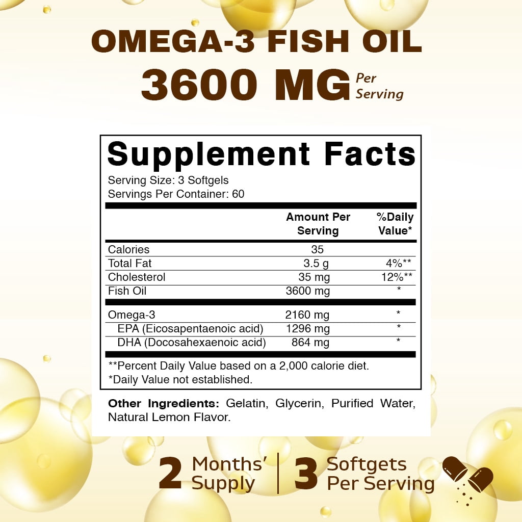 (2 pack) Vitamatic Triple Strength Omega 3 Fish Oil 3600mg Per Serving, 2160mg Omega 3 Fatty Acids, 1296mg EPA + 864mg DHA, Burpless Lemon Flavor, 180 Soft gels