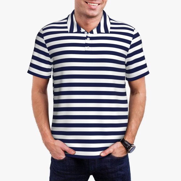 Gukieu Navy Blue And White Stripes Print Men's Quick-drying POLO Shirt, Button-down Summer T-shirt, Suitable for Work and Outdoor Activities-Small