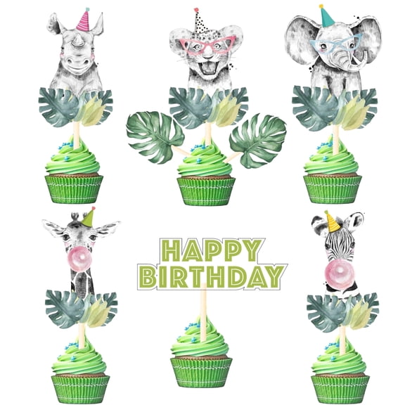 Crafter King Green Paper Jungle Safari Cupcake Toppers, 21 Count Kids Birthday Party Food Picks