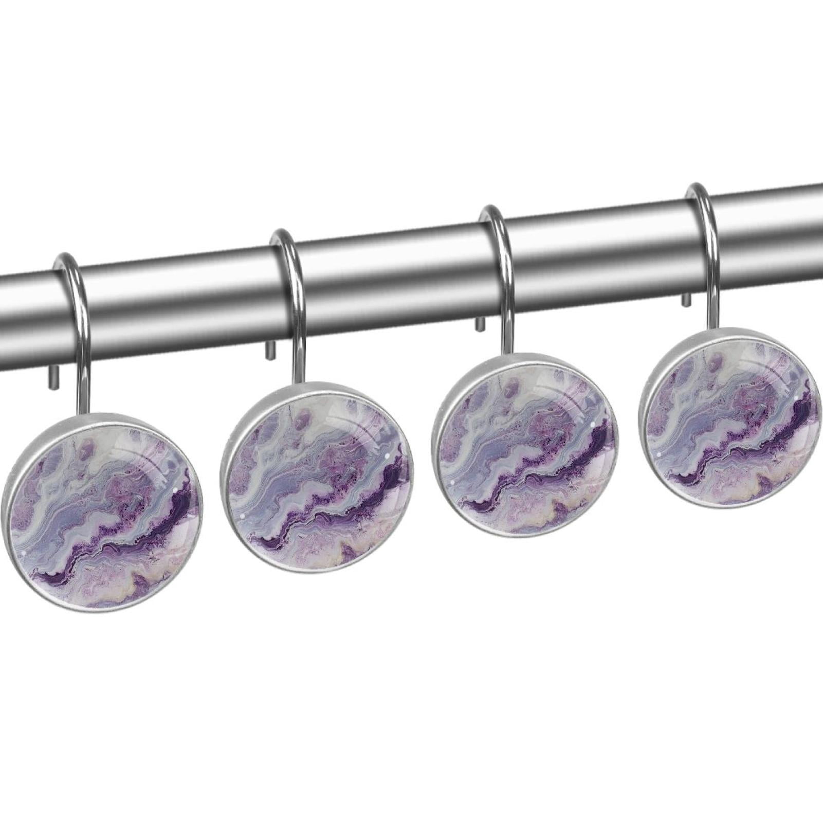 Lilac Marble Shower Curtain Hooks Round Crystal Glass, Set of 12 Shower Curtain Rings - Shower Hooks for Curtain Shower Rings