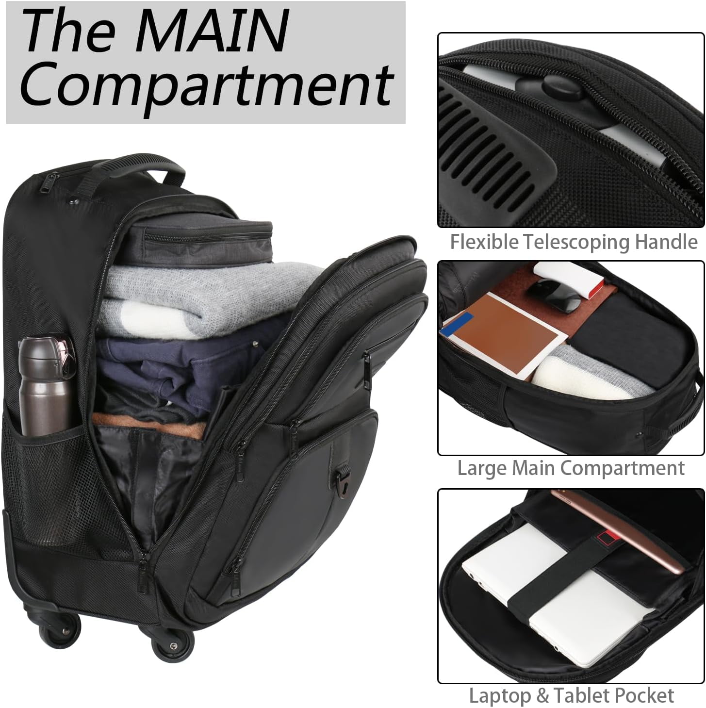 4-Wheel Rolling Backpack 17" - Waterproof Wheeled Travel Bag for Men Women, Airline Approved Carry-On