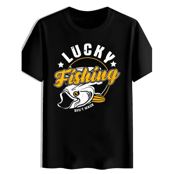 T Shirt Men's Casual Round-neck with White Fish Print on Black Background.