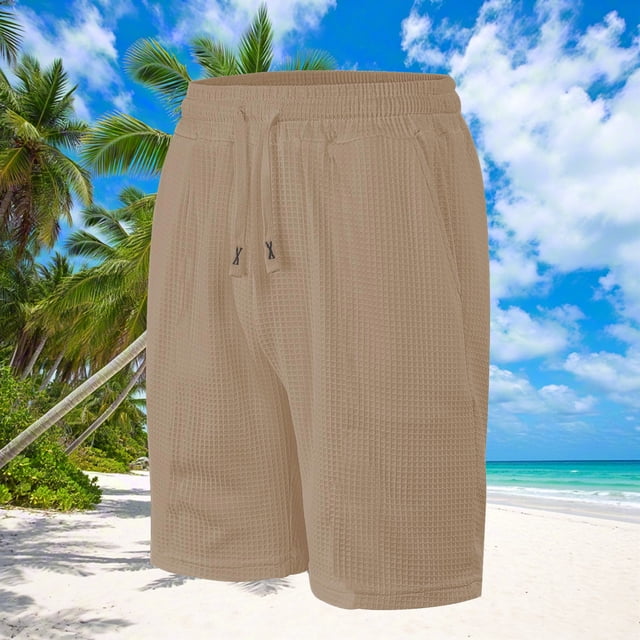 Sentmoon Gym Shorts Men Elastic Waist Loose 2025 Summer Beach Shorts Solid Color Breathable Swim Trunks with Pockets Comfy for Relaxing at Home Khaki L