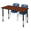 Regency Kee 48" x 24" Height Adjustable Classroom Table - Cherry & 2 Andy 18-in Stack Chairs- Navy Blue