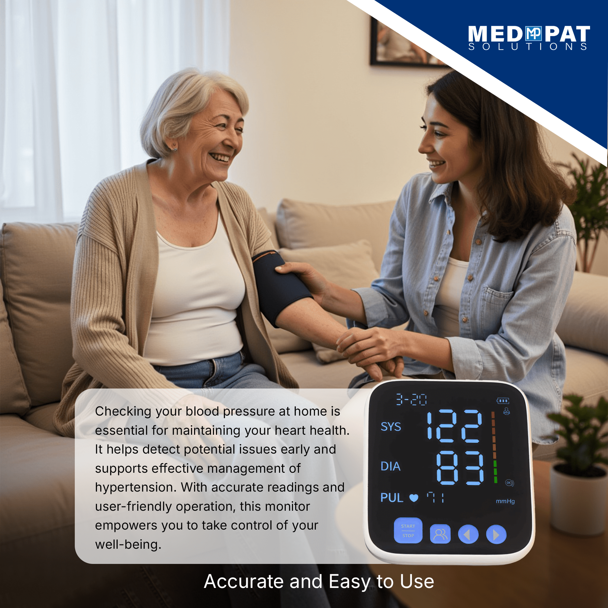 Med-Pat Digital Oscillometric Blood Pressure Monitor BP-S with Adjustable Cuff and Large LED Display, FDA Approved