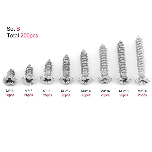 Vis en Bois, 200 Pcs M3 Acier Inoxydable SS304 Tête Plate Auto-Tappante Assortiment