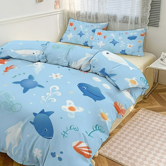 3PCS Marine Animals Duvet Cover Set Twin, 1 Duvet Cover And 2 Pillowcase, Duvet Cover for Kids Girls Boys And Teens