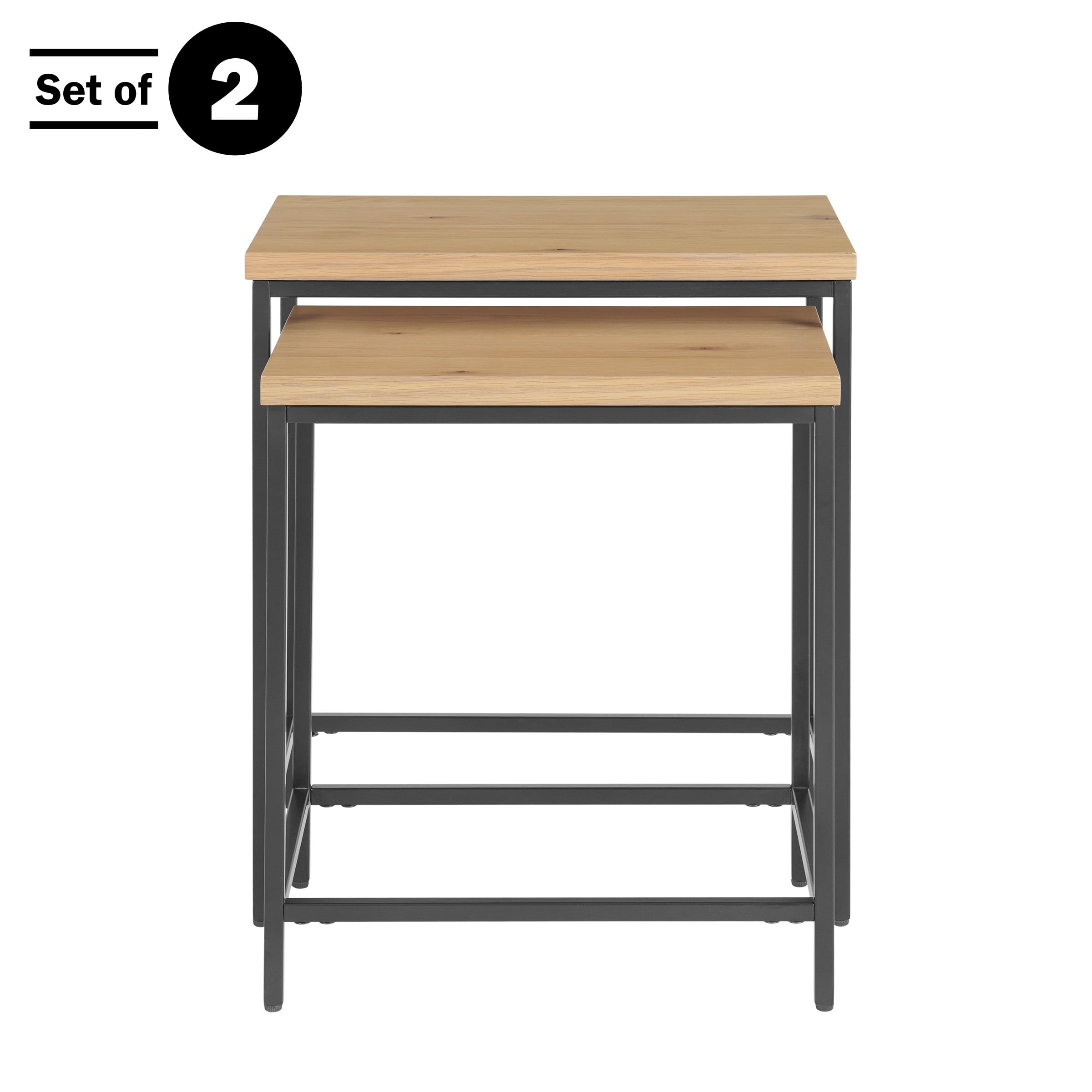 Lavish Home Set of 2 Modern Nesting Tables, End Tables for Living Room with Oak-Finished Top and Sturdy Metal Base