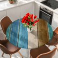 thumbnail image 2 of Round Table Cover 45-54 Inch Teal Brown Blue Wooden Waterproof Reusable Table Cloth Round Fitted Vinyl Tablecloth with Elastic Edged for Parties Outdoors, Farmhouse Vertical Striped Art, 2 of 9