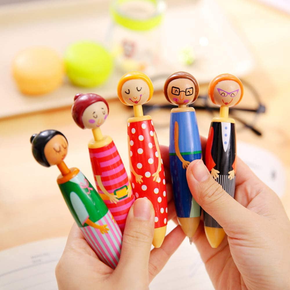 5Pcs Set Lovely Doll Shape Ballpoint Pens for Office Decoration Cute Doll Retractable Roller Ball Pens Cartoon Doll Ballpoint Pens 0.5mm Blue Ink