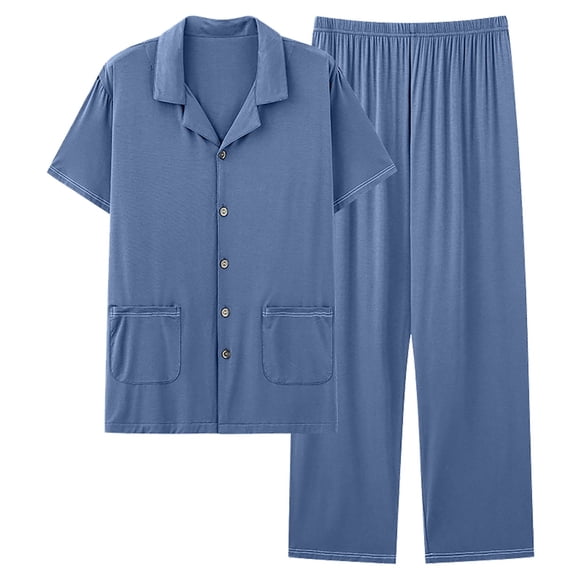 WRKEKC Men's Modal Pajamas Set Short Sleeve Long Pant Loose Loungewear for Teenagers Plus Size Sleepwear Set Wearable Outside for Men