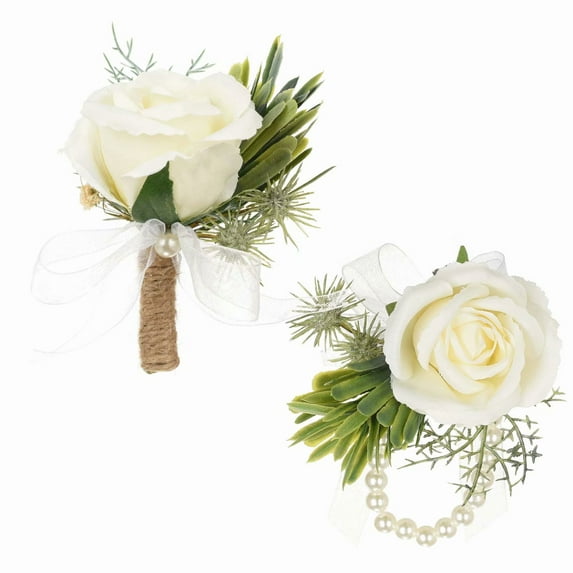 Coolmade 2Pcs Succulents Boutonniere Buttonholes and Wrist Corsage Wristband Roses Wrist Corsage, Groom Groomsman Best Man and Girl Brides Wedding Flowers Accessories Prom Suit Decoration (White Rose)