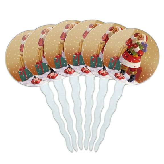 Christmas Holiday Santa Delivering Presents Holly Cupcake Picks Toppers Decoration Set of 6