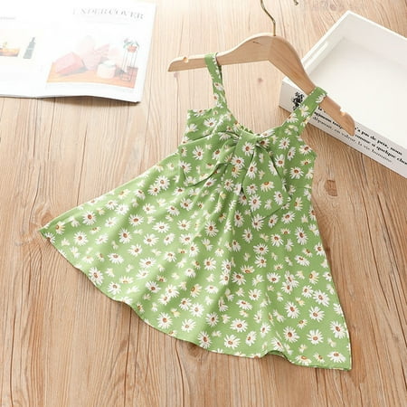 

THE WILD Girls Dresses Cute Floral Print Bowknot Square Neck Sleeveless Midi Girls Dresses Green