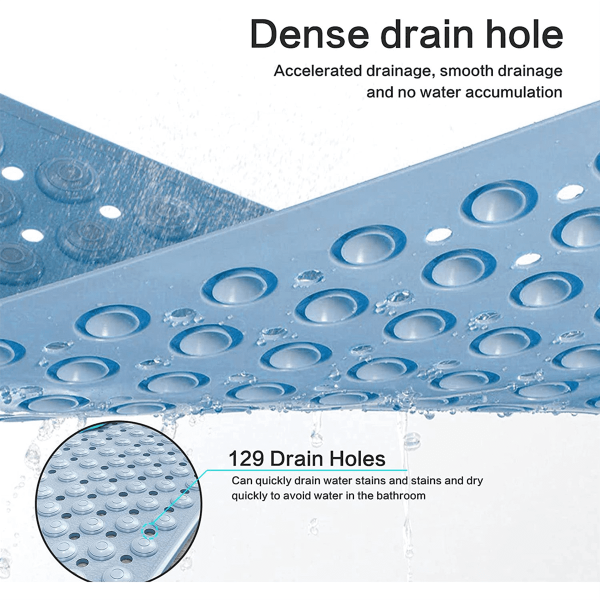 Bathtub Mat Non-Slip Rubber Shower Mat with Drain Holes Suction Cups, Quick Drain, Feet Massage, Bath Mat Blue PVC Blue