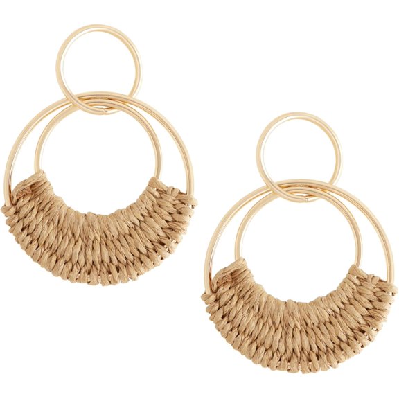Bohemian Raffia Tassel Dangle Drop Hoop Earrings, Boho Hippie Summer Beach Jewelry Gift for Women
