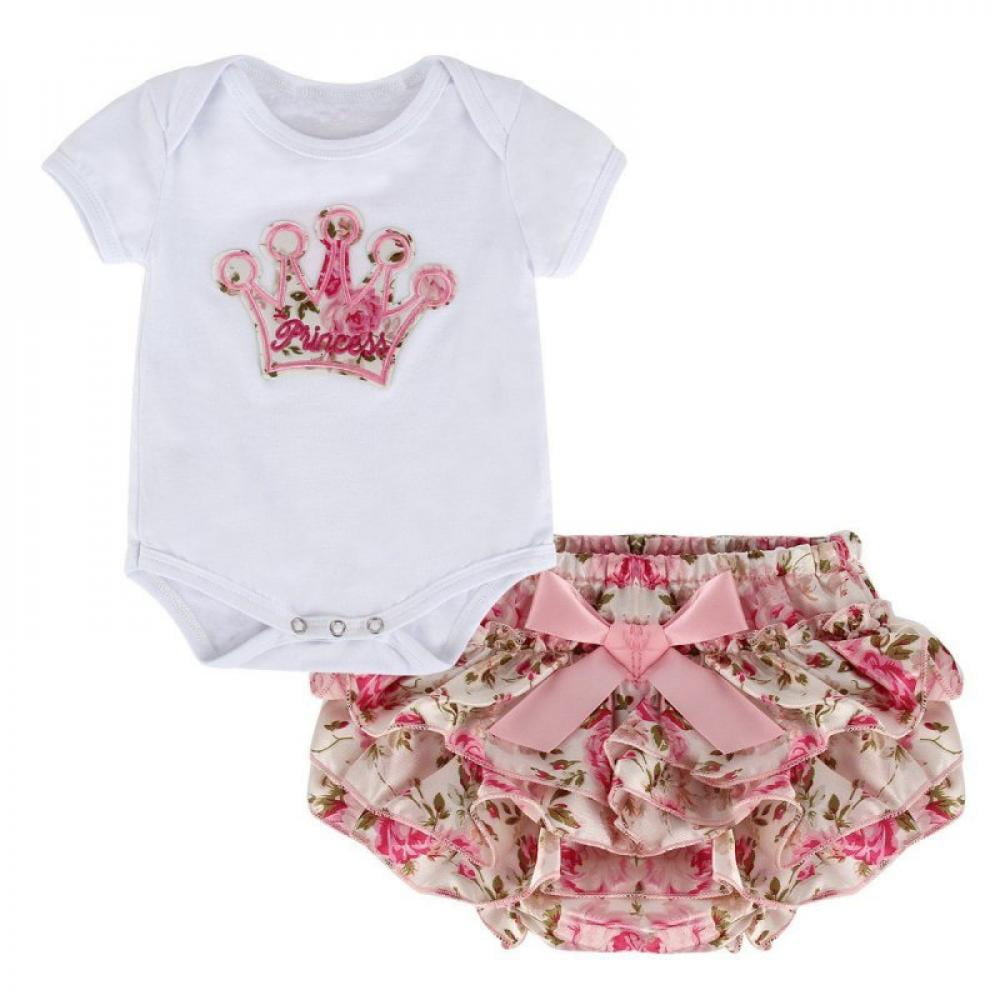 White Infant Newborn Baby Dress Romper Jumpsuit CROWN PRINT Skirt NB-12m 