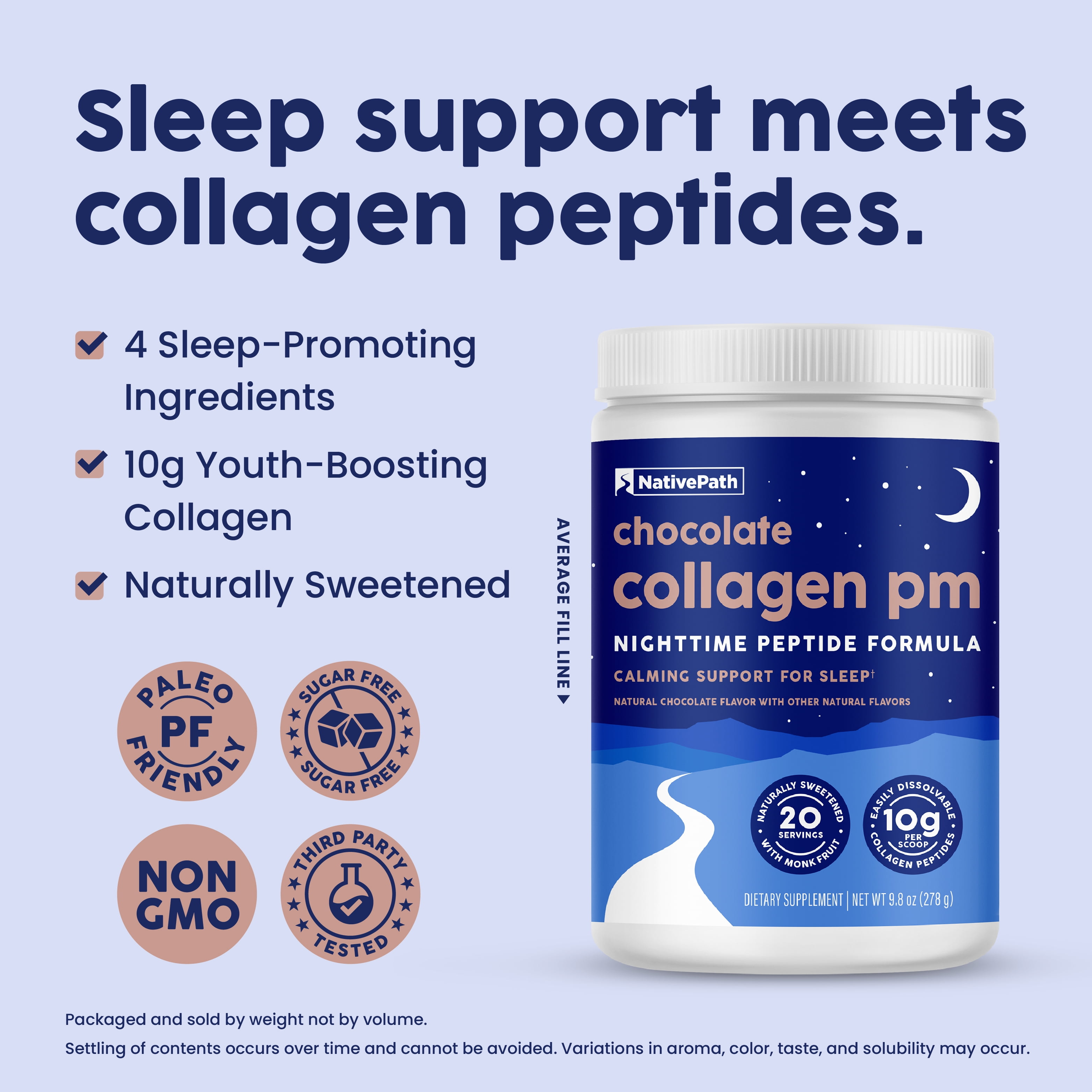 NativePath Collagen PM Chocolate, Sleep Support with Magnesium & Melatonin, 20 Servings