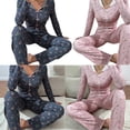thumbnail image 2 of JZROCKER Women Floral Print Pajamas Set 2Pcs Ruffle Trim Long Sleeve Sleepwear Lapel V Neck Bowknot Crop Top and Long Pants, 2 of 14